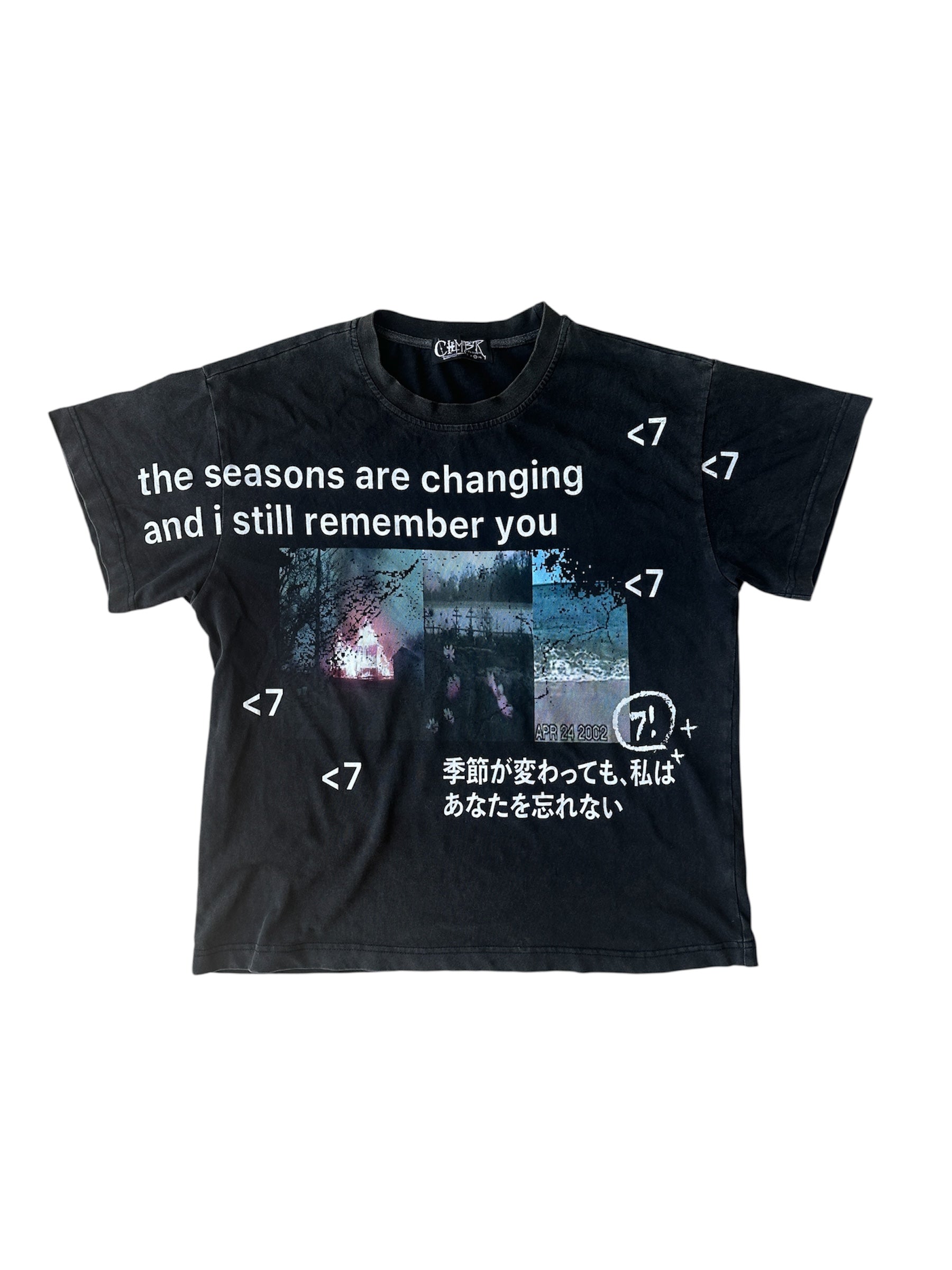 Black t-shirt with text and graphics on a white background