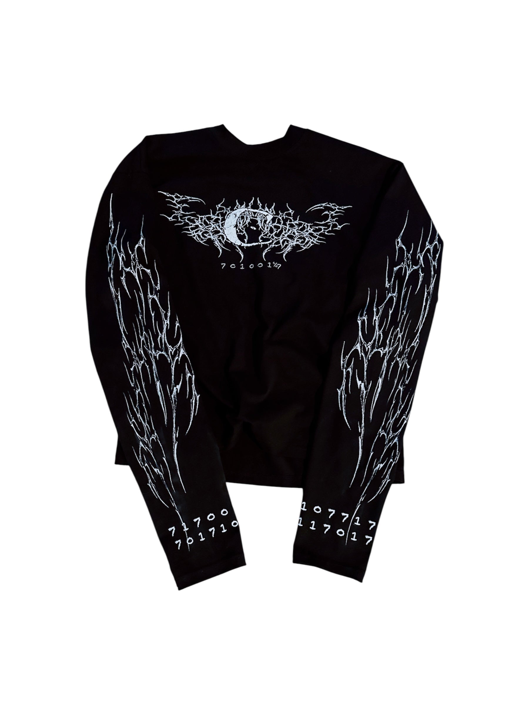 Black long-sleeve shirt with white graphic design on a white background