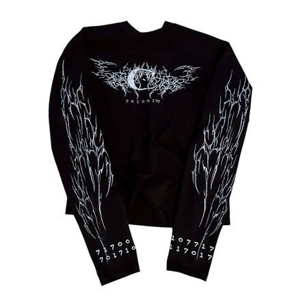 Black long-sleeve shirt with white graphic design on a white background